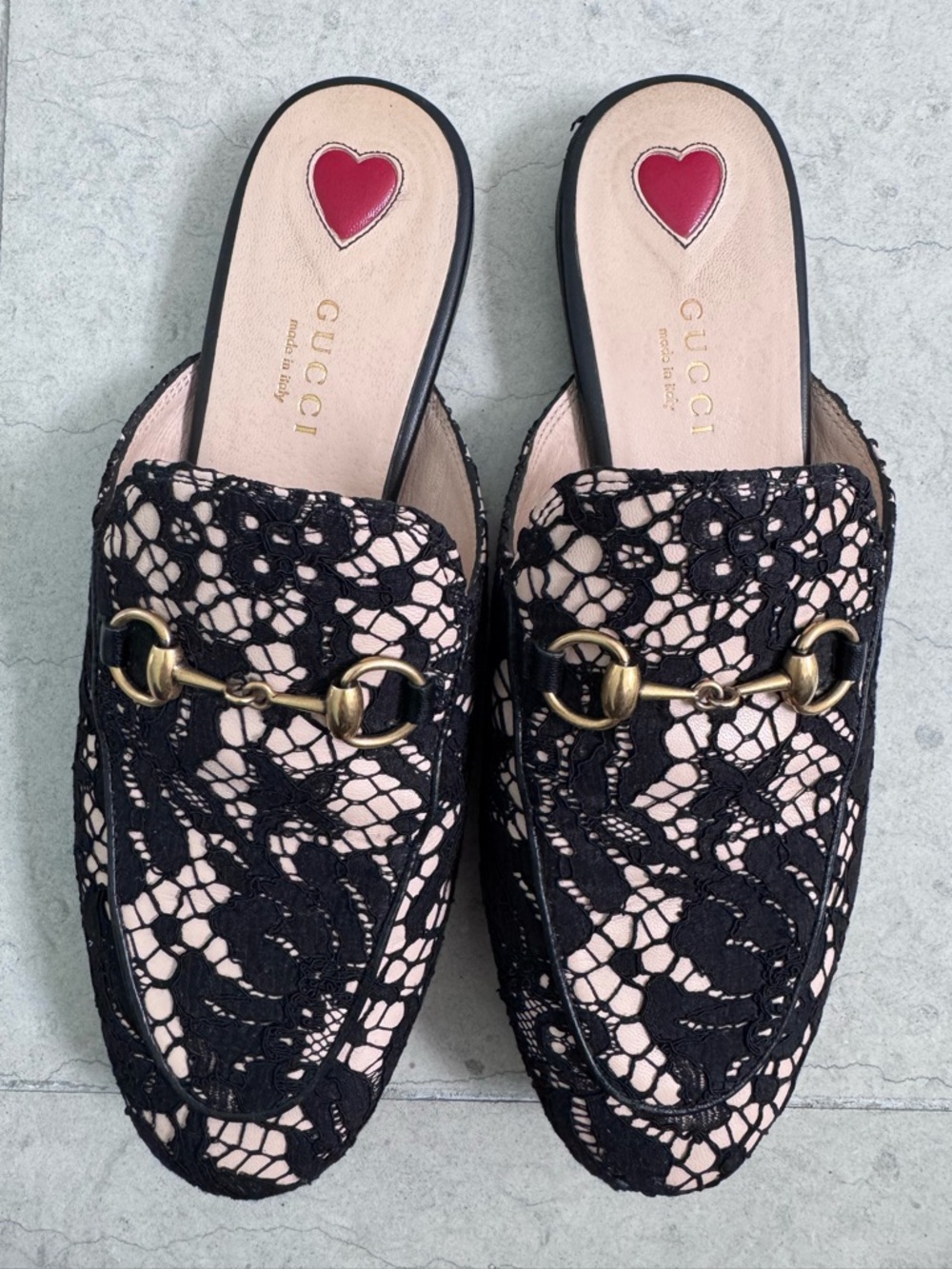 Gucci Black Lace Over Nude Leather Princetown Horsebit Mules size 6.5 with box